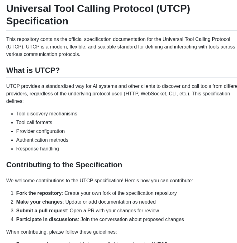 Universal Tool Calling Protocol Utcp Specification screenshot