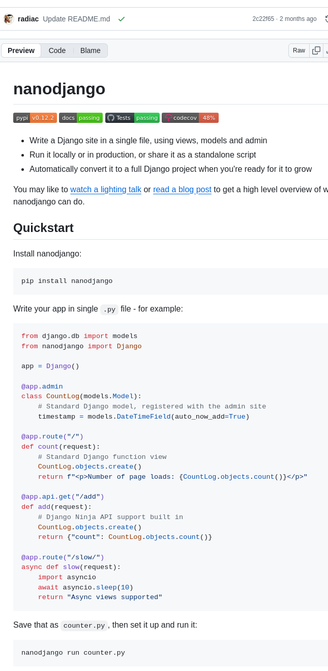 Radiac Nanodjango screenshot