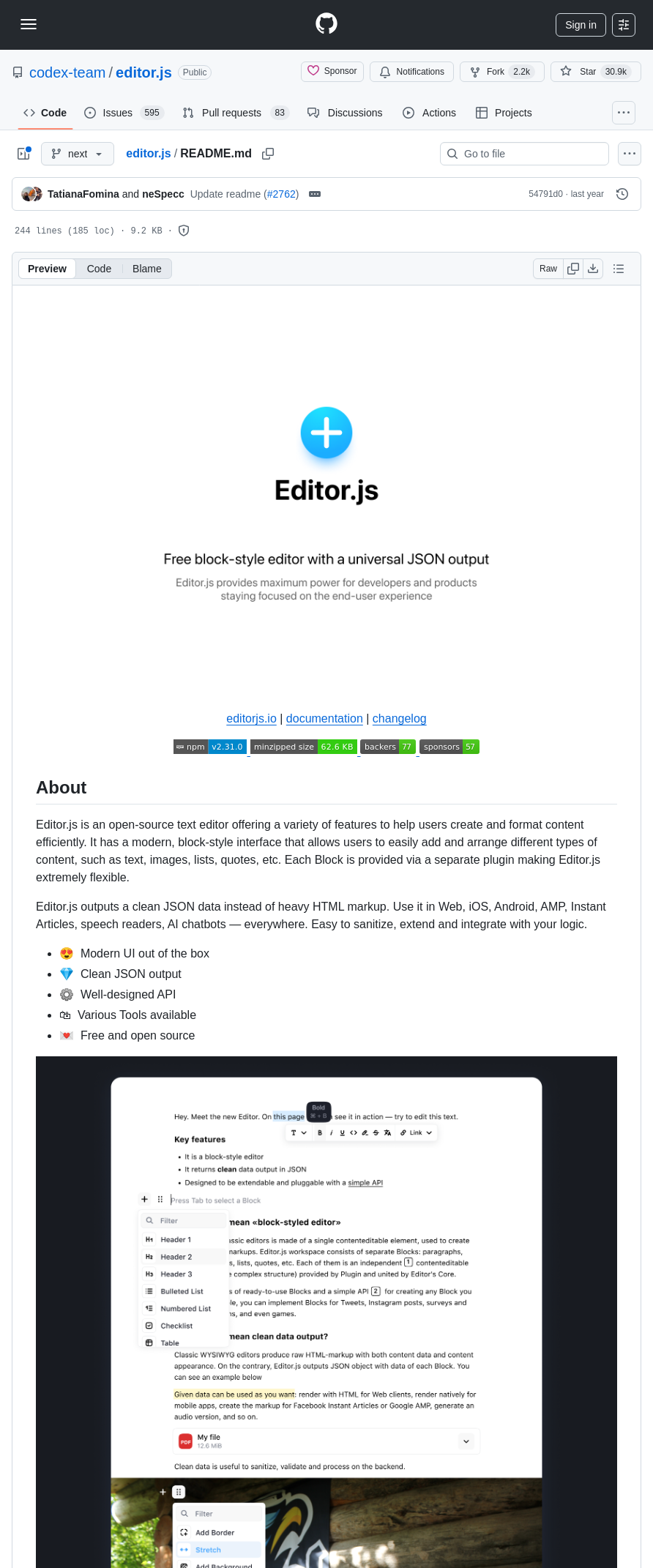 Codex Team Editor.js screenshot