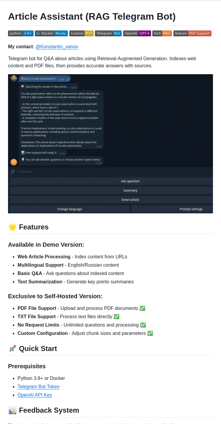 Konstantin Vanov Hub Article Assistant  Rag Telegram Bot screenshot