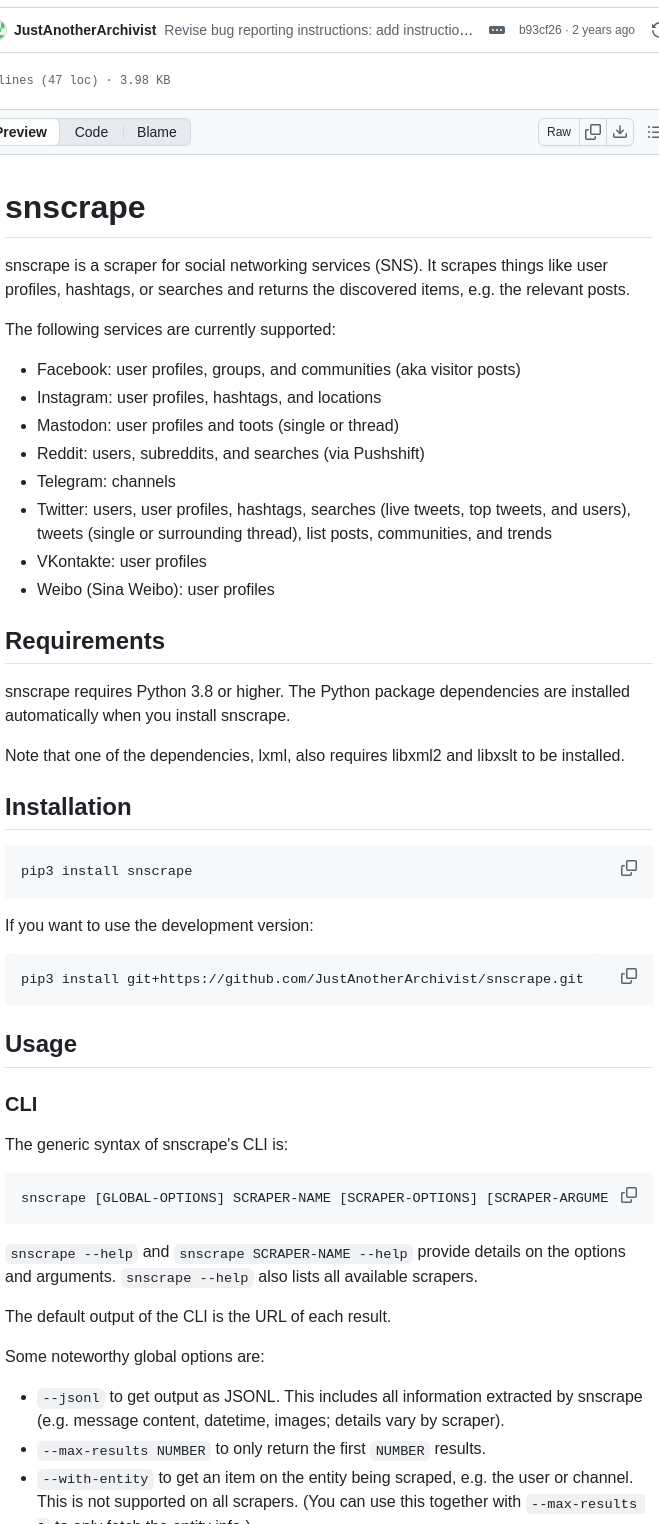 Justanotherarchivist Snscrape screenshot