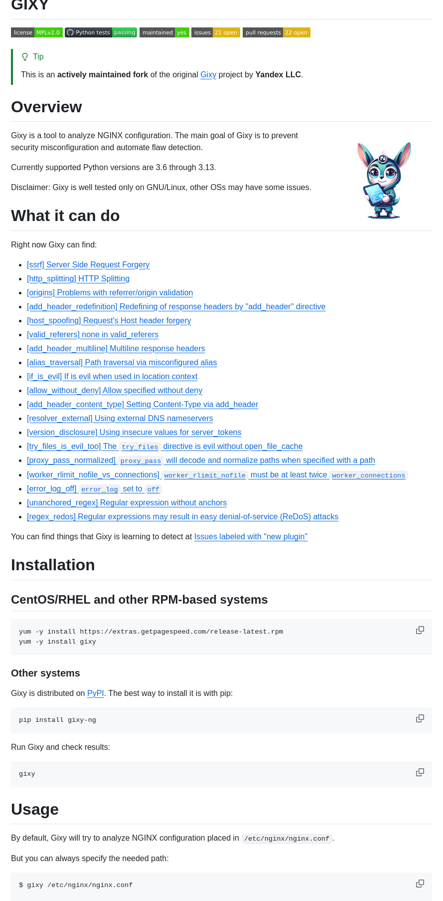 Dvershinin Gixy screenshot
