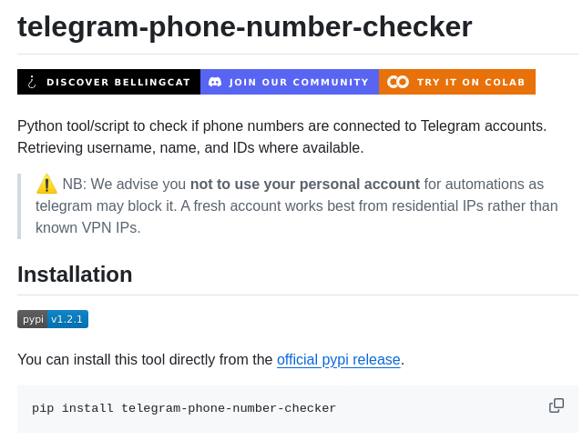 Bellingcat Telegram Phone Number Checker screenshot