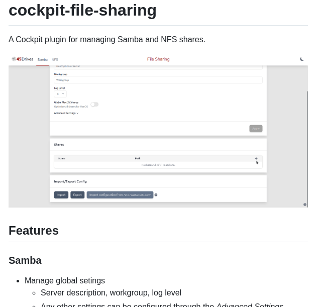 45drives Cockpit File Sharing screenshot