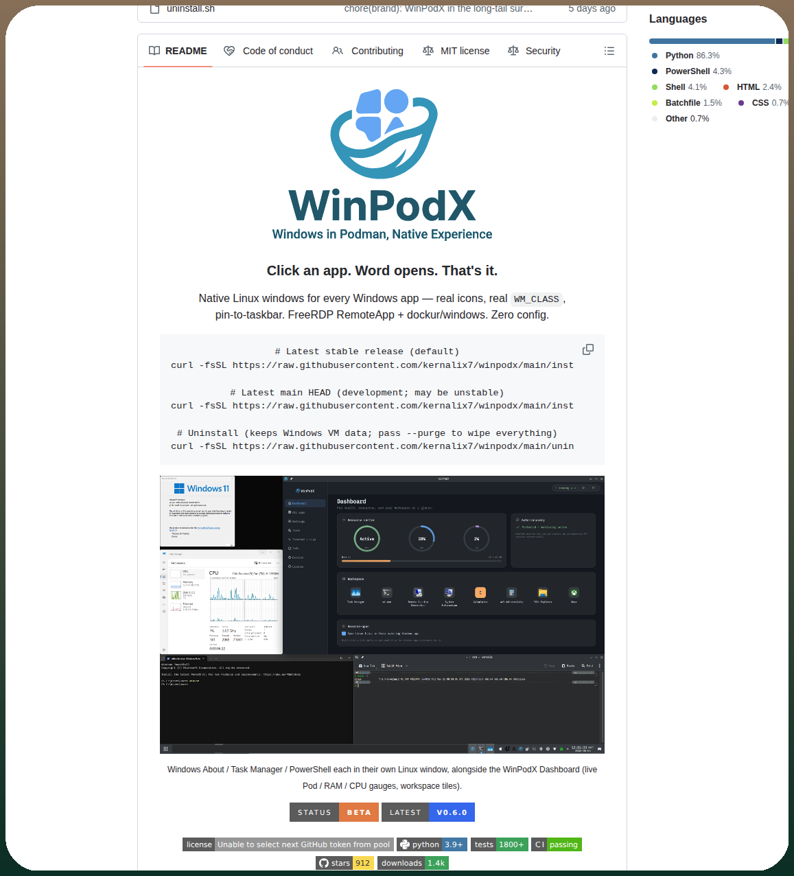 Kernalix7 Winpodx screenshot