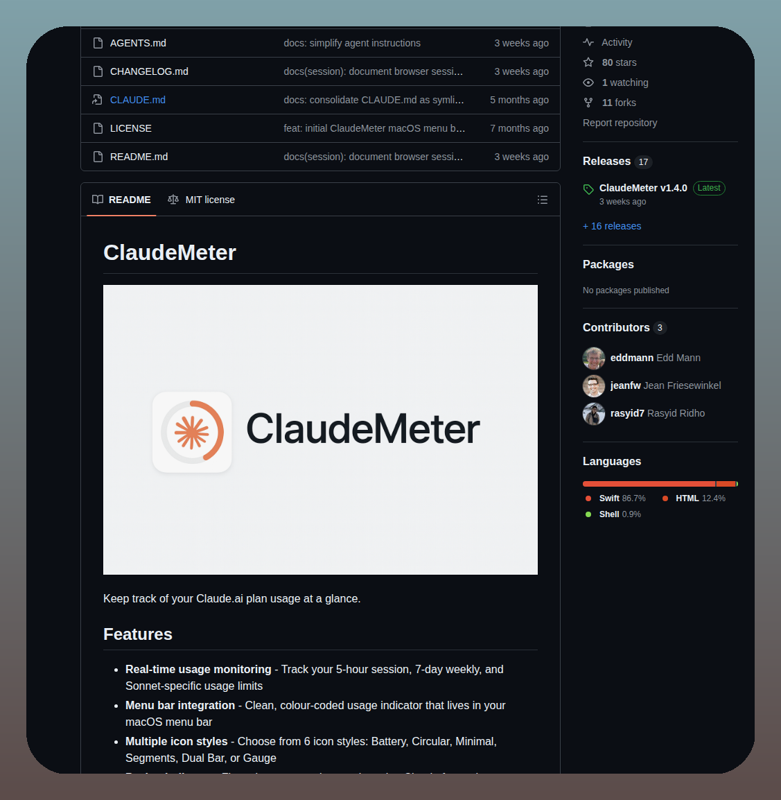 Eddmann Claudemeter screenshot
