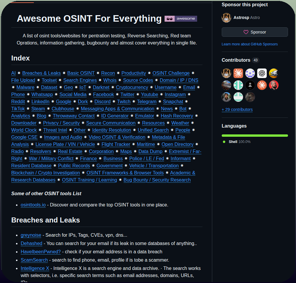Astrosp Awesome Osint List screenshot