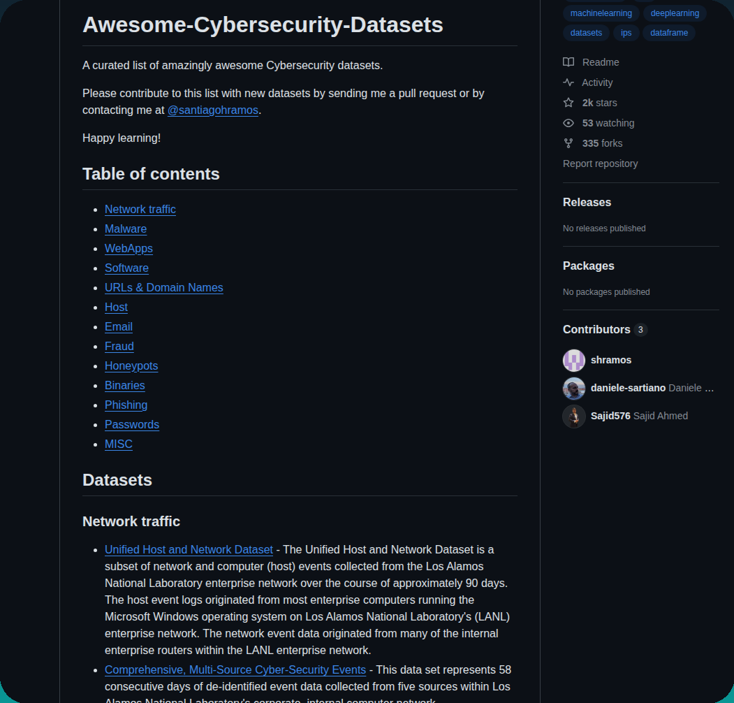 Shramos Awesome Cybersecurity Datasets screenshot