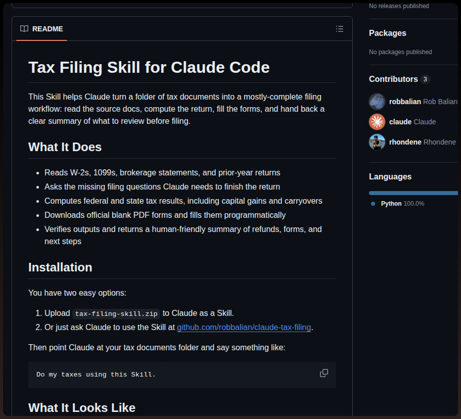 Robbalian Claude Tax Filing screenshot