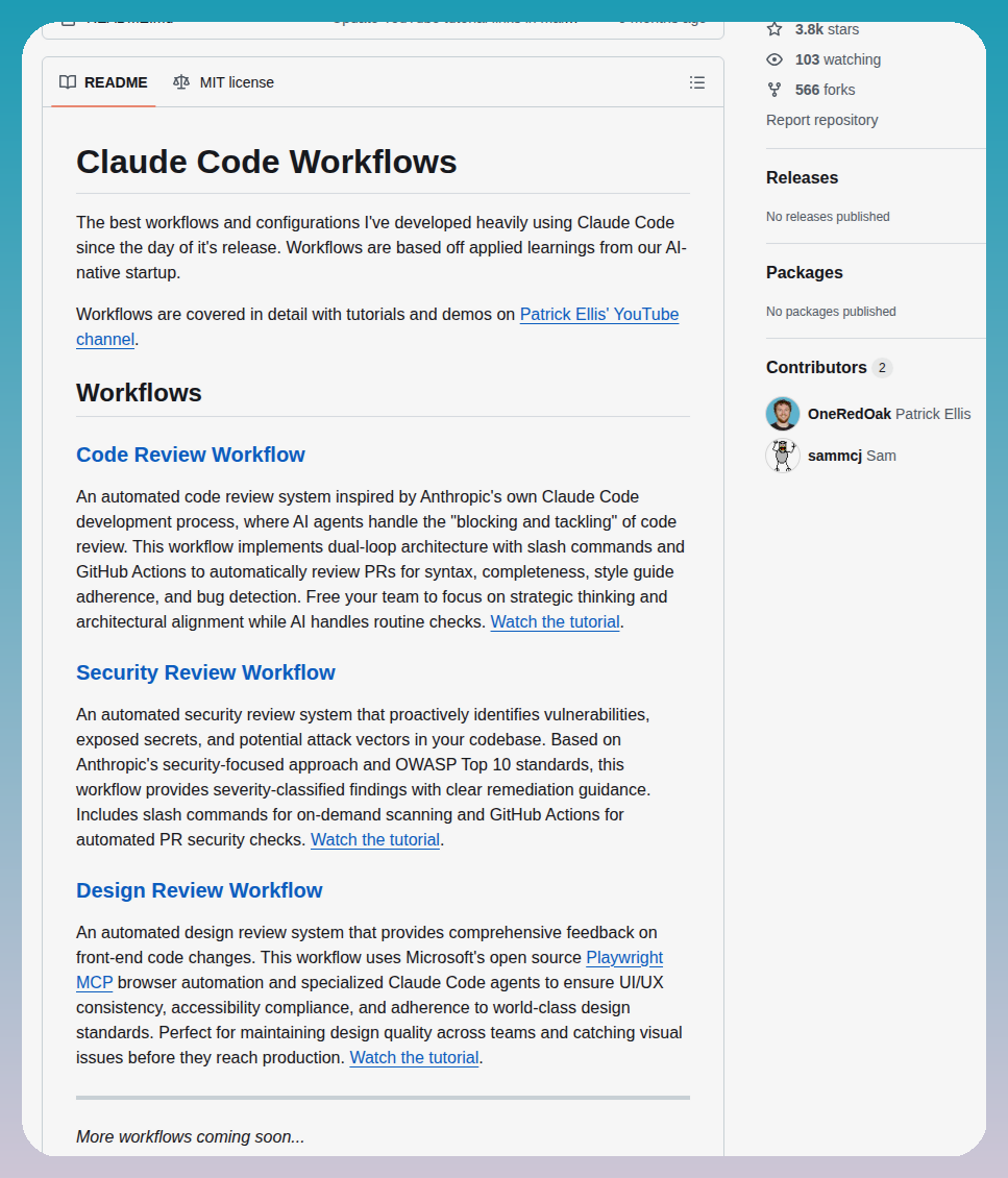 Oneredoak Claude Code Workflows screenshot
