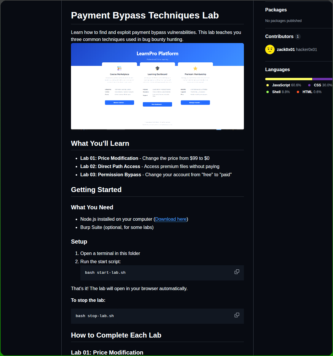 Zack0x01 Payment Bypass Bug Lab screenshot