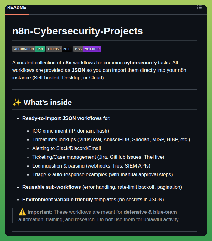 Joasasantos N8n Cybersecurity Projects screenshot