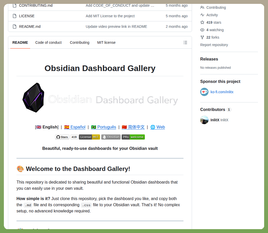 Inlitx Obsidian Dashboard Gallery screenshot