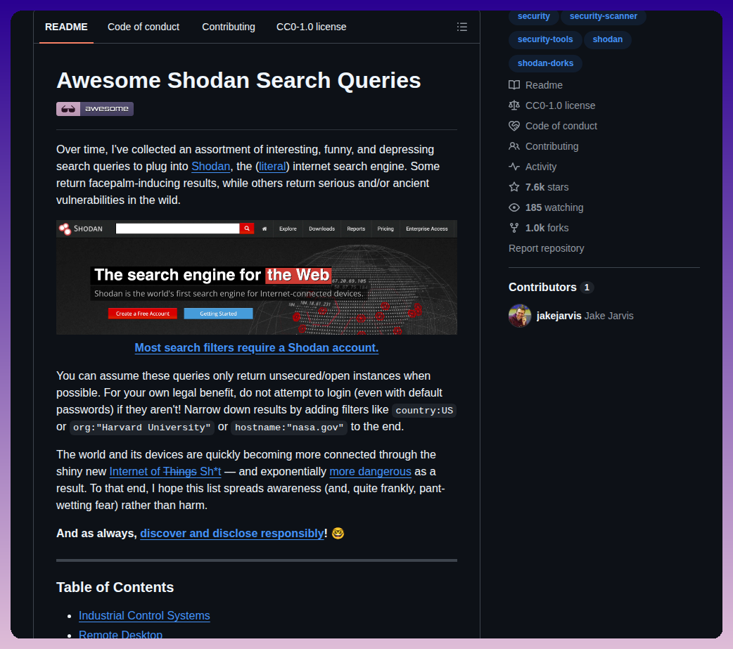 Jakejarvis Awesome Shodan Queries screenshot