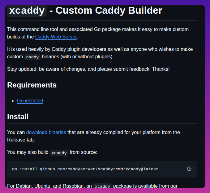 Caddyserver Xcaddy screenshot