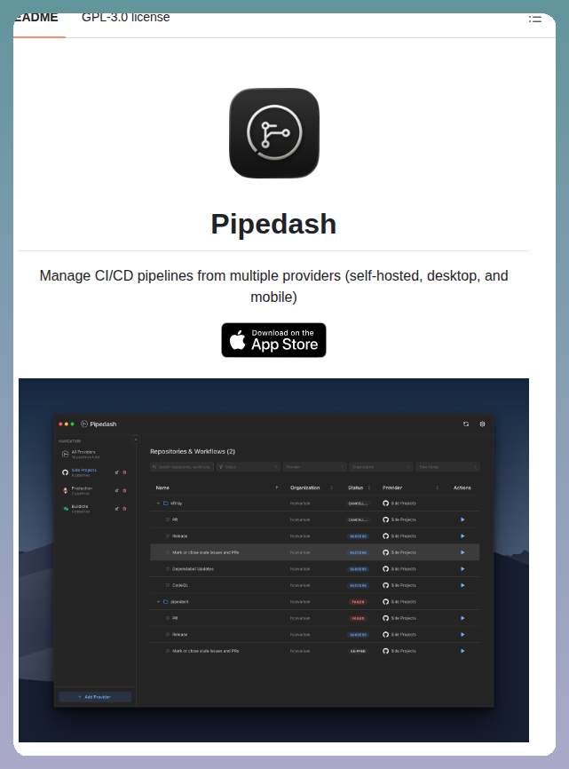 Hcavarsan Pipedash screenshot