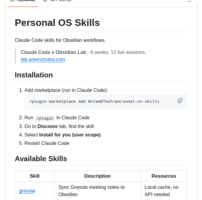 Artemxtech Personal Os Skills screenshot