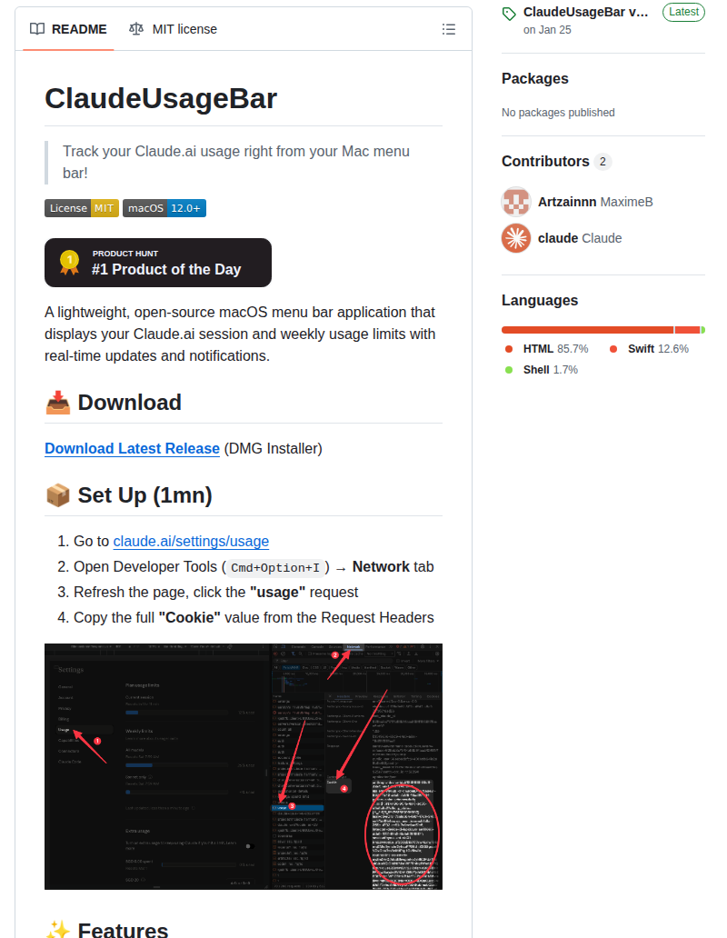 Artzainnn Claudeusagebar screenshot