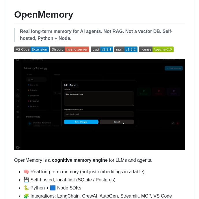 Caviraoss Openmemory screenshot