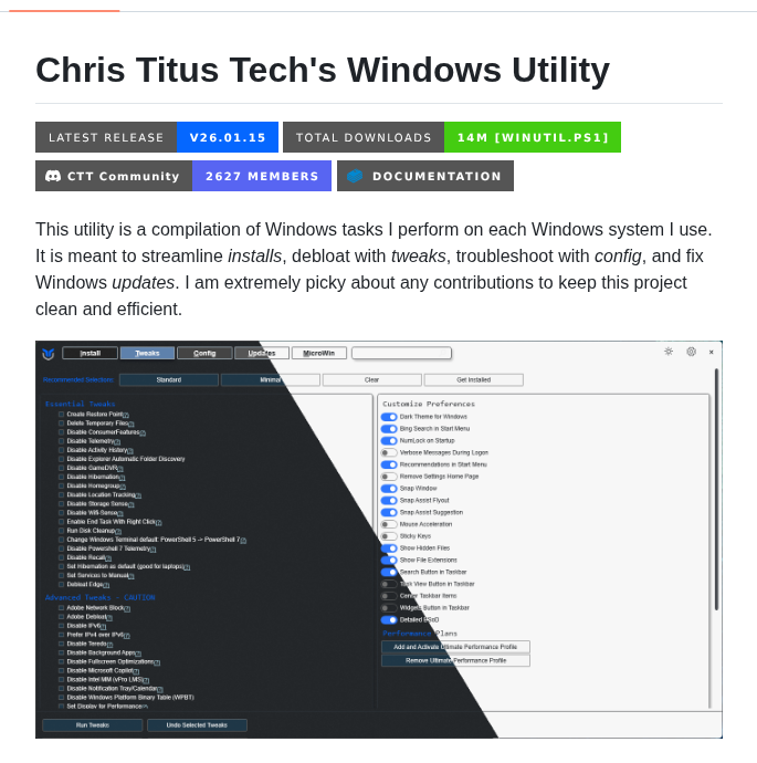 Christitustech Winutil screenshot