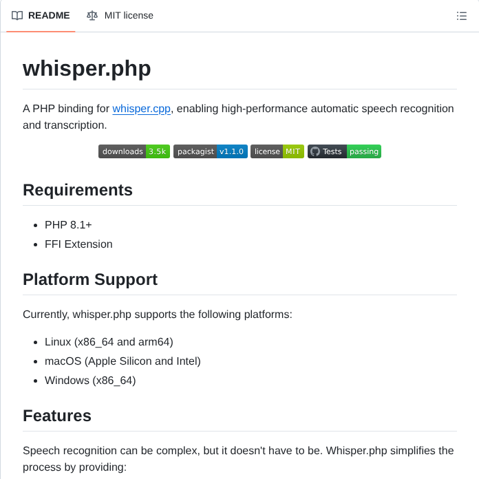Codewithkyrian Whisper.php screenshot