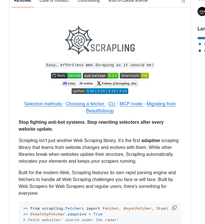 D4vinci Scrapling screenshot
