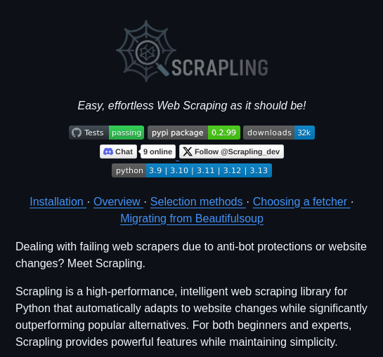 D4vinci Scrapling screenshot