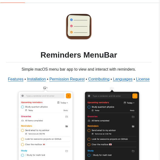 Damascenorafael Reminders Menubar screenshot