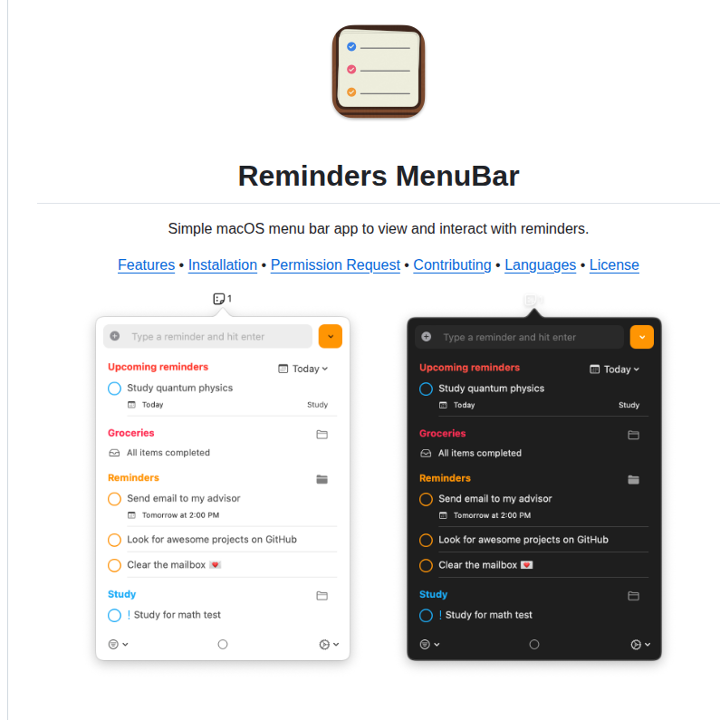 Damascenorafael Reminders Menubar screenshot