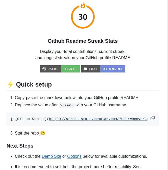 Denvercoder1 Github Readme Streak Stats screenshot
