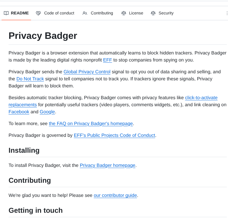 Efforg Privacybadger screenshot