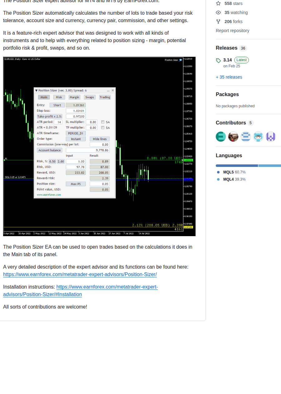 Earnforex Positionsizer screenshot