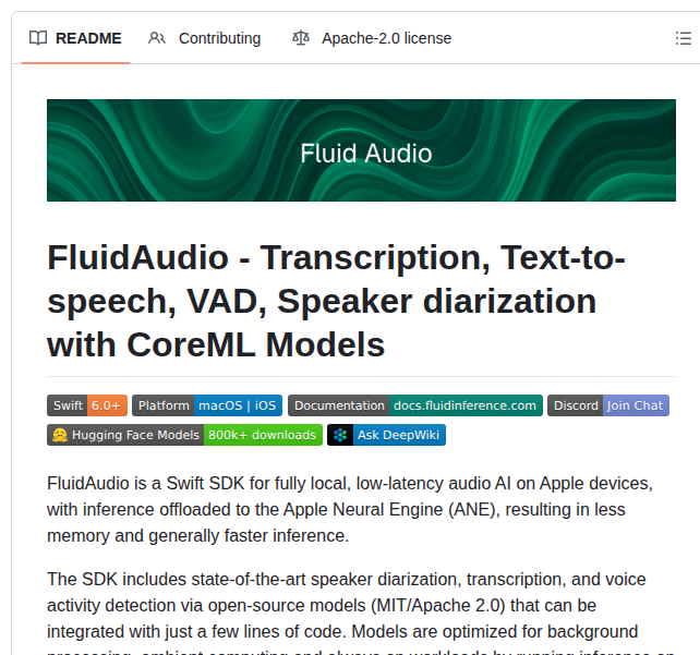 Fluidinference Fluidaudio screenshot