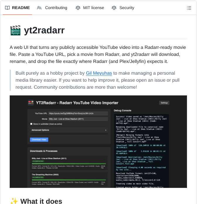 Gilmeyuhas Yt2radarr screenshot