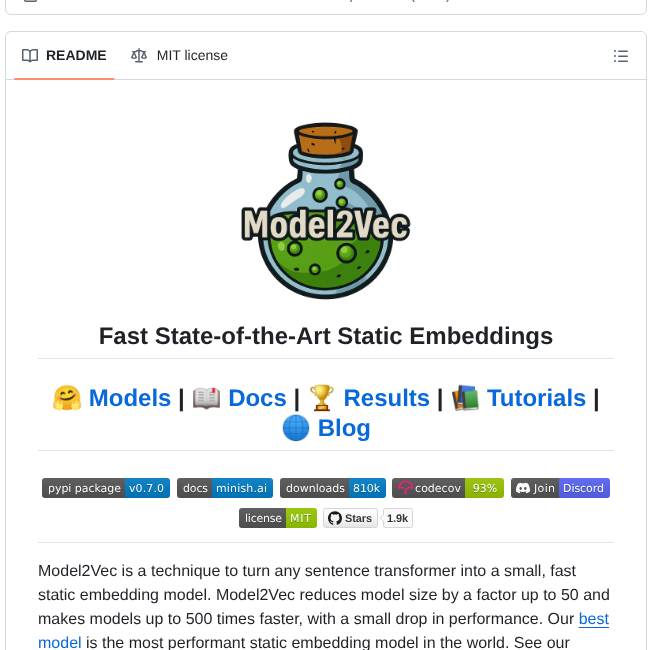 Minishlab Model2vec screenshot
