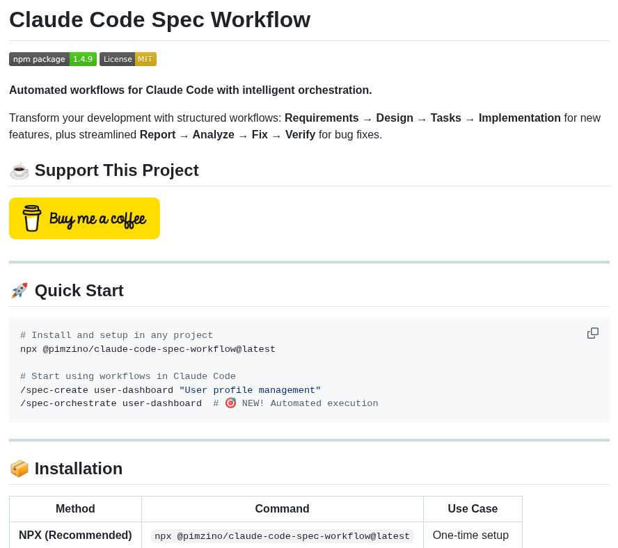 Pimzino Claude Code Spec Workflow screenshot