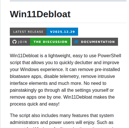 Raphire Win11debloat screenshot