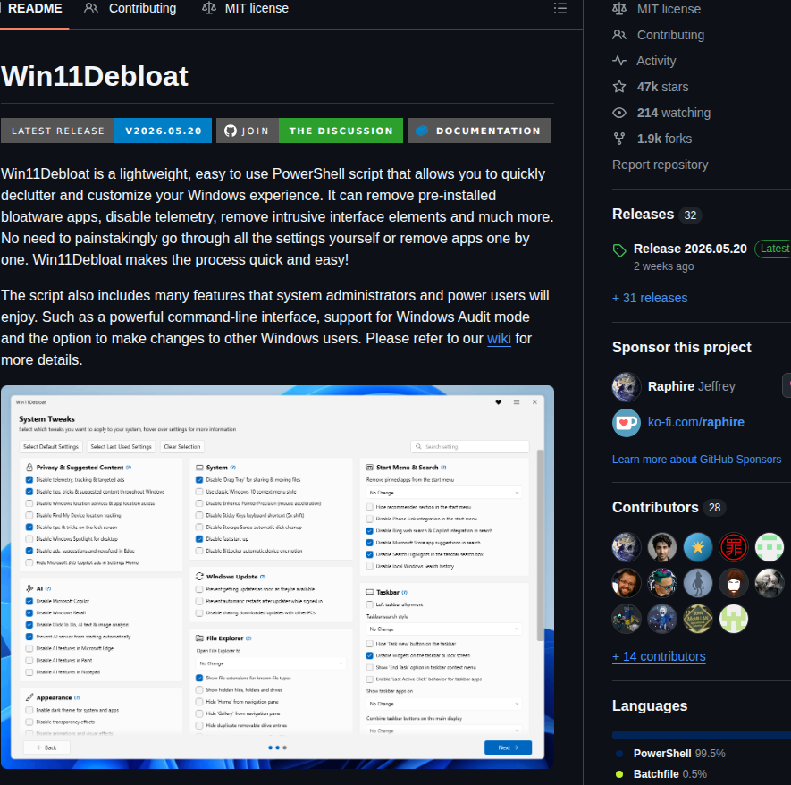 Raphire Win11debloat screenshot