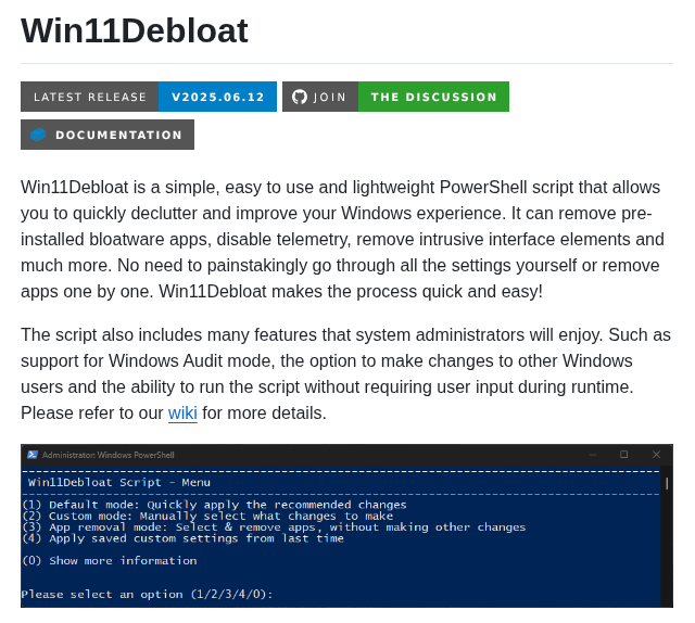 Raphire Win11debloat screenshot