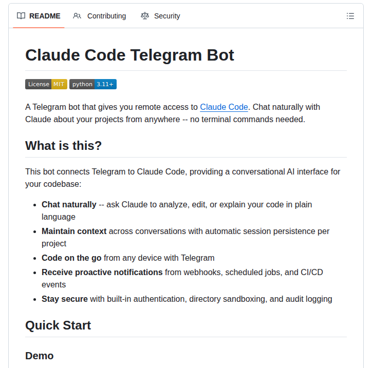 Richardatct Claude Code Telegram screenshot