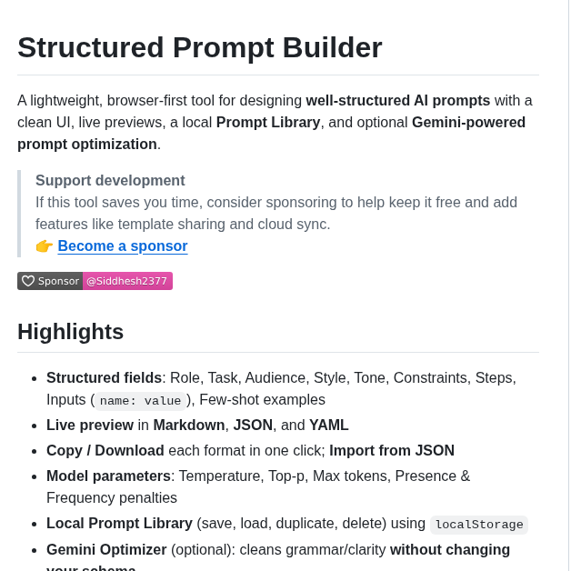 Siddhesh2377 Structured Prompt Builder screenshot