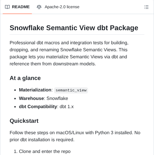 Snowflake Labs Dbt_semantic_view screenshot