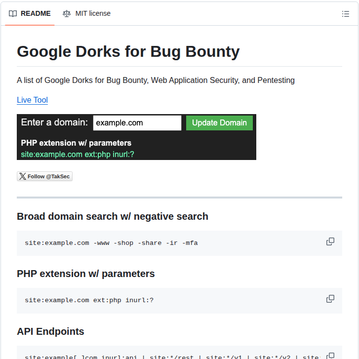 Taksec Google Dorks Bug Bounty screenshot