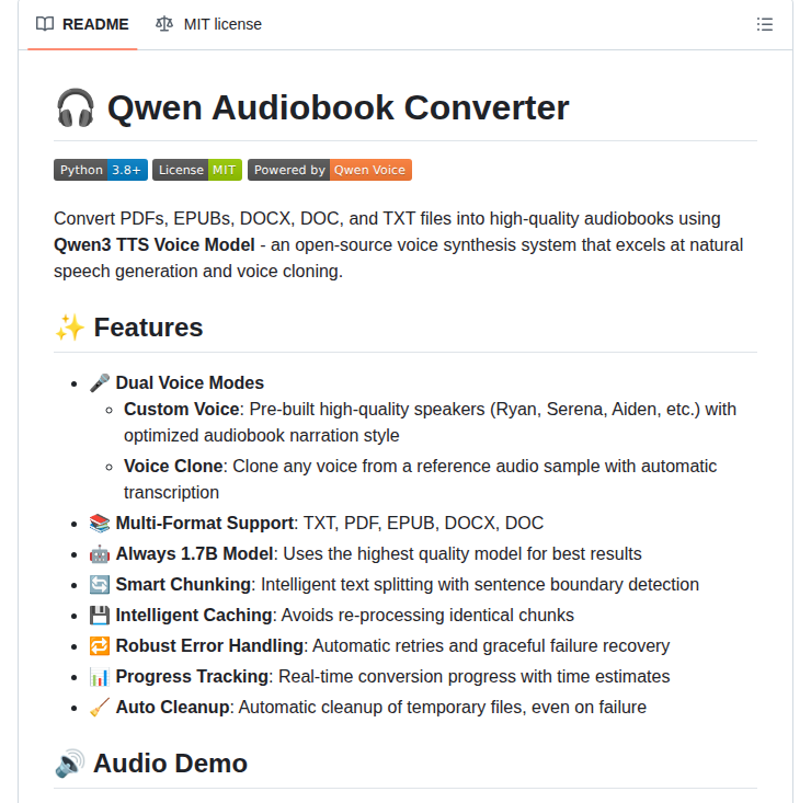 Whiskeycoder Qwen3 Audiobook Converter screenshot