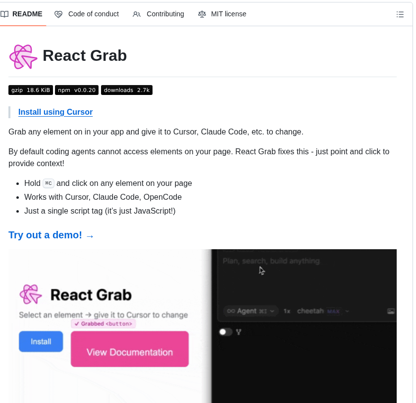 Aidenybai React Grab screenshot