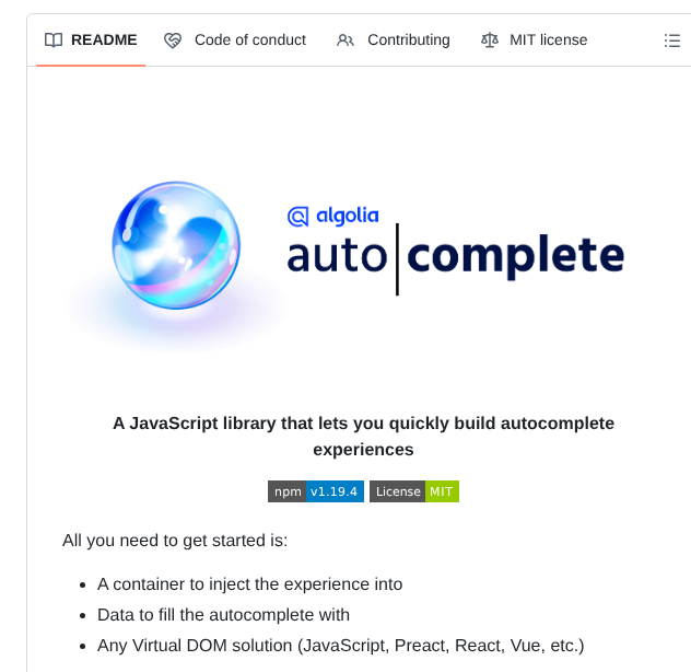 Algolia Autocomplete screenshot