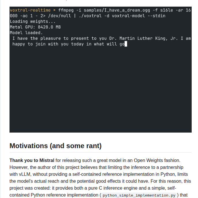 Antirez Voxtral.c screenshot