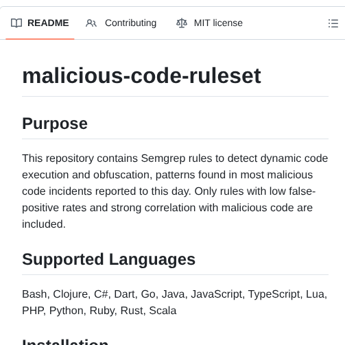 Apiiro Malicious Code Ruleset screenshot