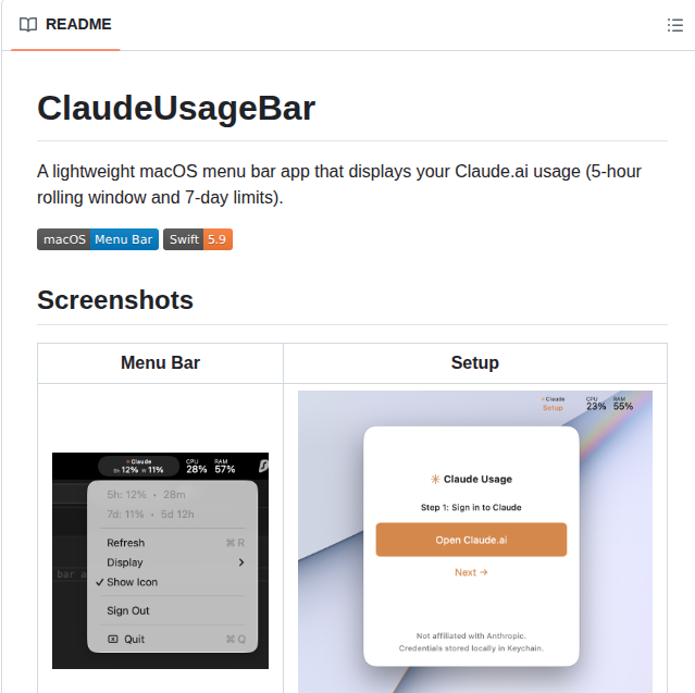 Betoxf Claude Usage Menubar screenshot